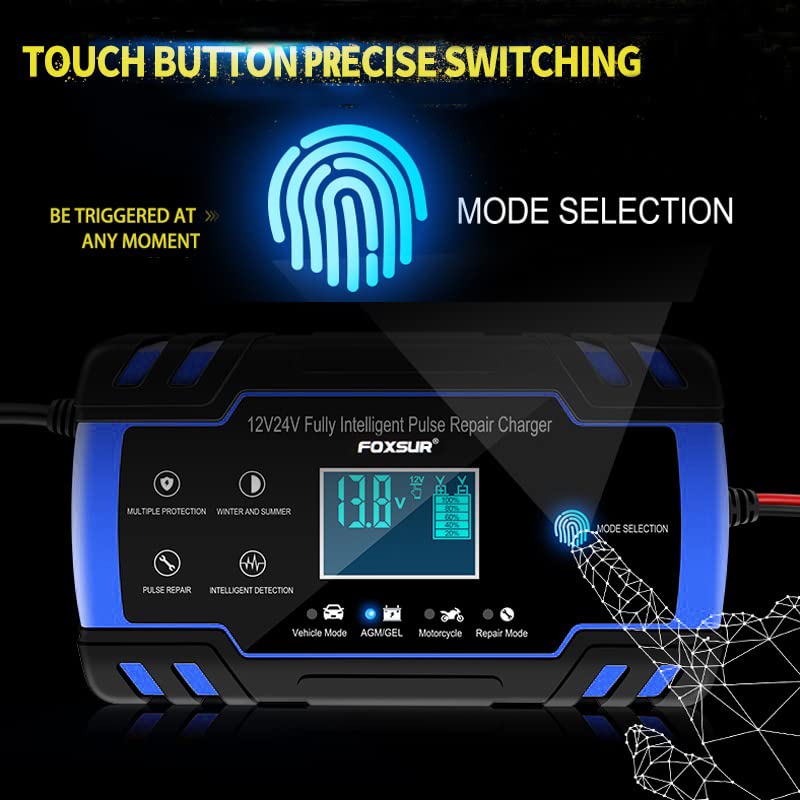 LadegeräT Autobatterie 8A Autobatterieladegerät 12 / 24V Impulsreparatur Schnelllade-Digitalanzeige BatterieladegeräT Kfz (Color : Blue)