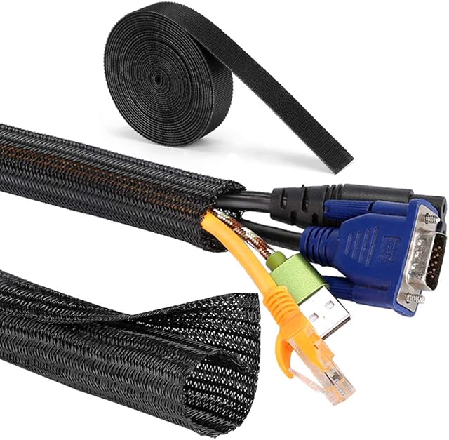 MOSOTECH Cable Management, 2x5.2ft Expandable Braided Cable Sleeve + 1x10ft Cable Ties for TV, PC, Home, Theater Cord Organizer, Ø0.75", Black