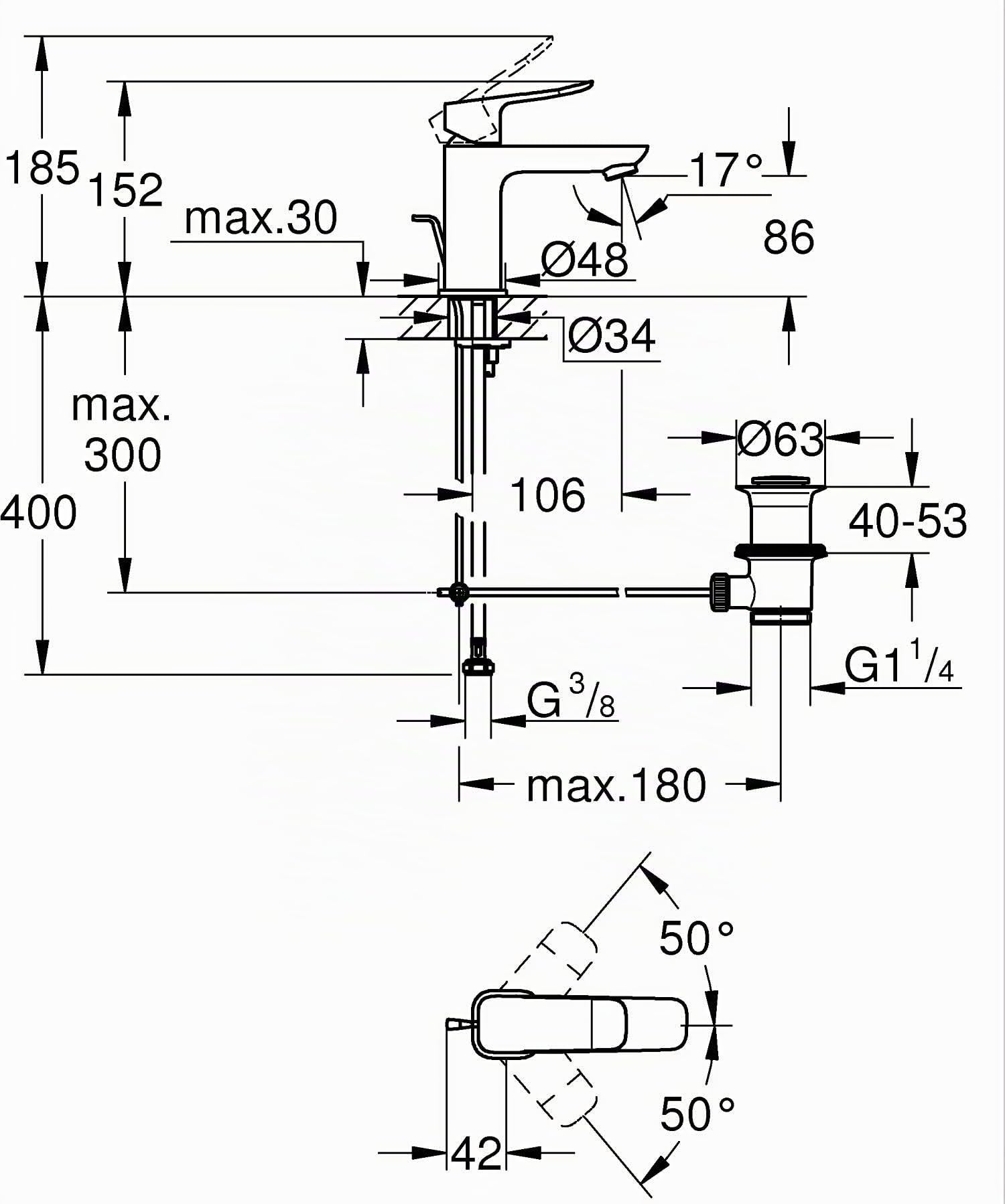 GROHE Dice Mitigeur monocommande Lavabo Taille S (Robinet pour Lavabo de Salle de bain, Avec Tirette et garniture de vidage, avec QuickTool inclus, Economie d'eau), Chrome, 1018560000