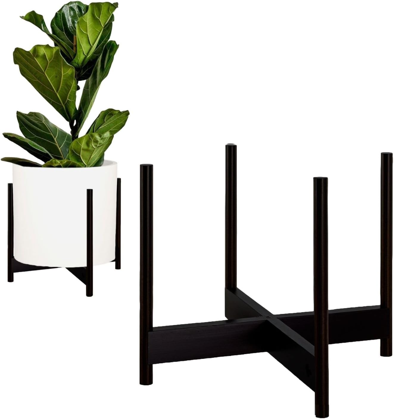 Fox & Fern Bamboo Plant Stand — 14.9 Inch Fixed Size Wooden Mid Century Planter Stand for Indoor Planters (Not Included); Extra Large Flower Pot Holder for Indoor Big Pots; Plug In Design; Dark Bamboo