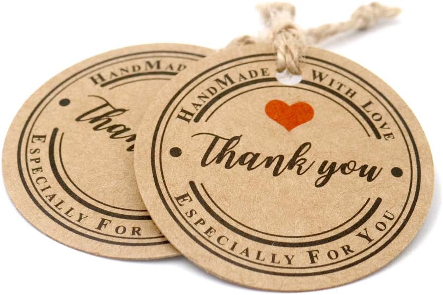 Thank You Tags,Handmade Tags,Gift Wrap Tags,100 Pcs Hand Made with Love Especially for You Kraft Paper Round Gift Tags with 100 Feet Jute Twine Brown