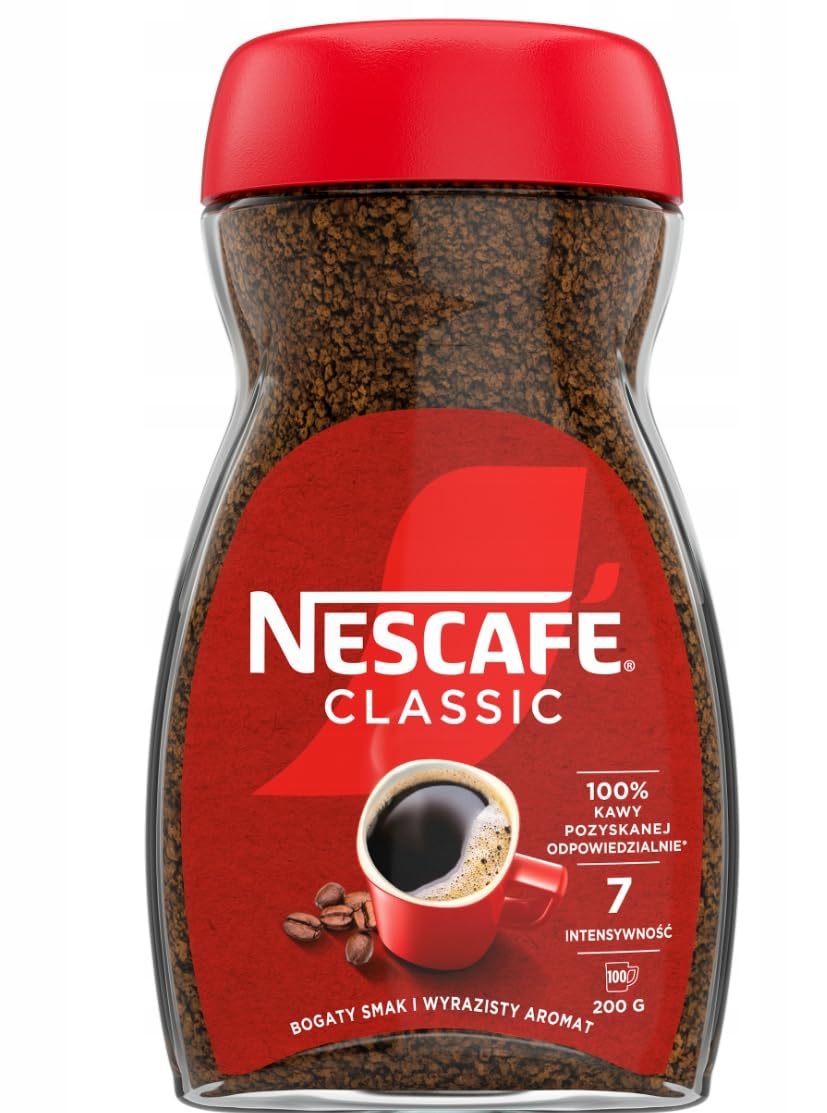 NESCAFÉ CLASSIC Rozpuszczalna kawa ziarnista, średnio-ciemno palone ziarna kawy, zawierająca kofeinę, mocny smak i intensywny aromat, 1 opakowanie (1 × 200 g)