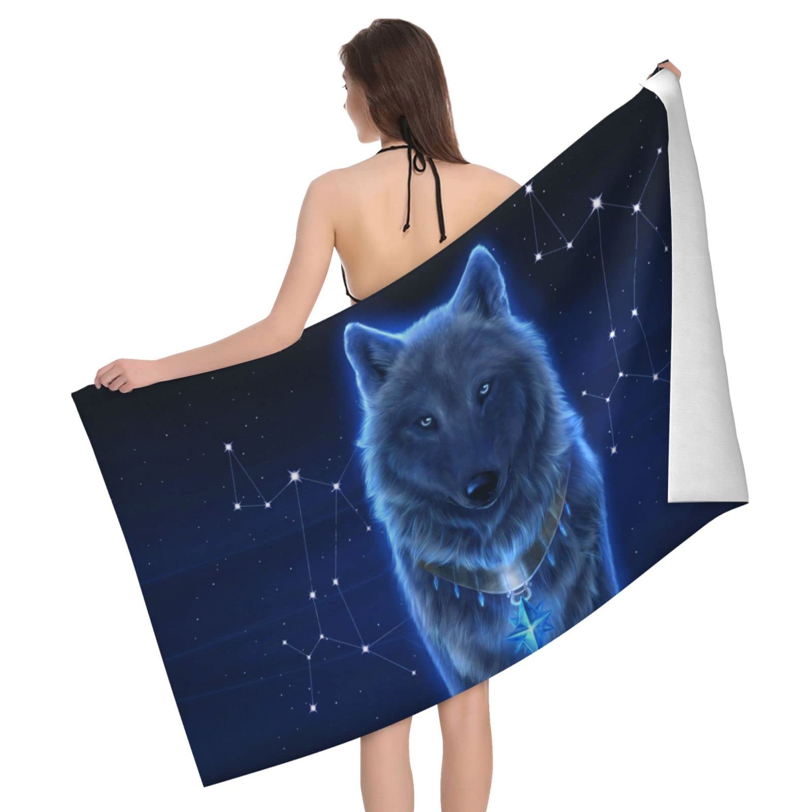 Lawenp Animal Wolf Beach Towel, Lightweight Sand Free Quick Dry Microfiber Absorbent Bath Towel for Kids, Adults, Swimming, Bath, Yoga, Pool, Travel, Camping 32"X52"
