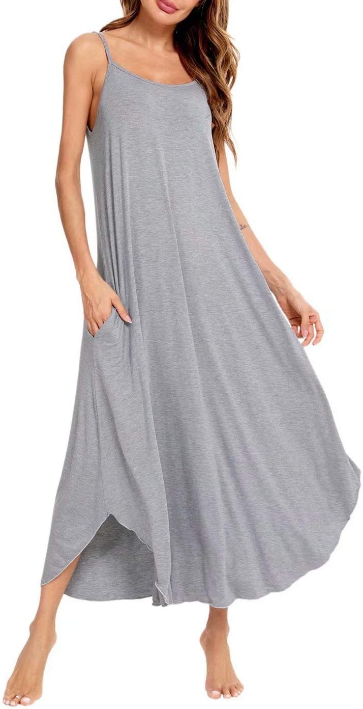 SWOMOG Women Long Nightgown Pajama Dress Soft Strap Nightdress Summer Sleeveless Nightshirt Lounge Dress with Pockets - Image 2
