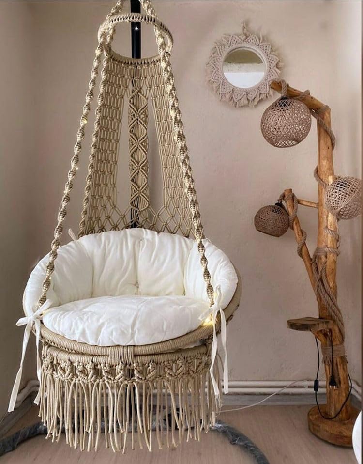 Alaaya Decor Handwoven Macrame Swing Chair – Bohemian Elegance for Indoor/Outdoor Spaces – (Beige and White)-image-31