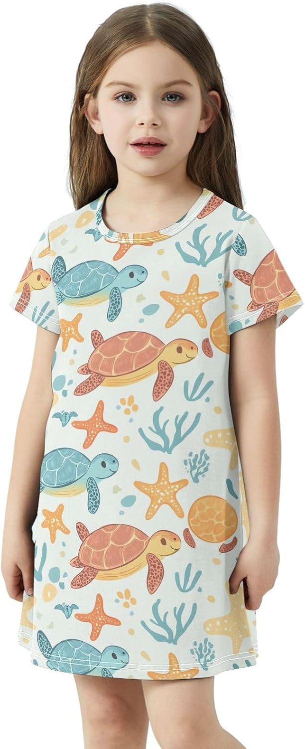 Turtles Girls Dresses Summer Dresses for Girls with Cotton Short Sleeves for Casual a Line Dress Size 2-8Y