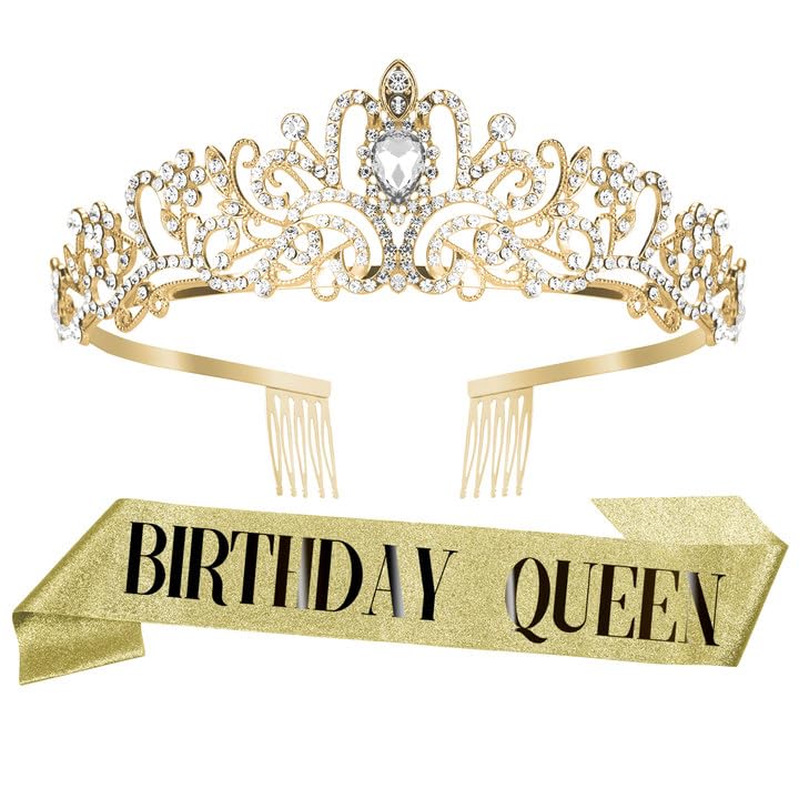 Birthday Crown for Girls Tiara Sash Gifts for Womens Birthday Rhinestone Crystal Headband Princess Queen Crown