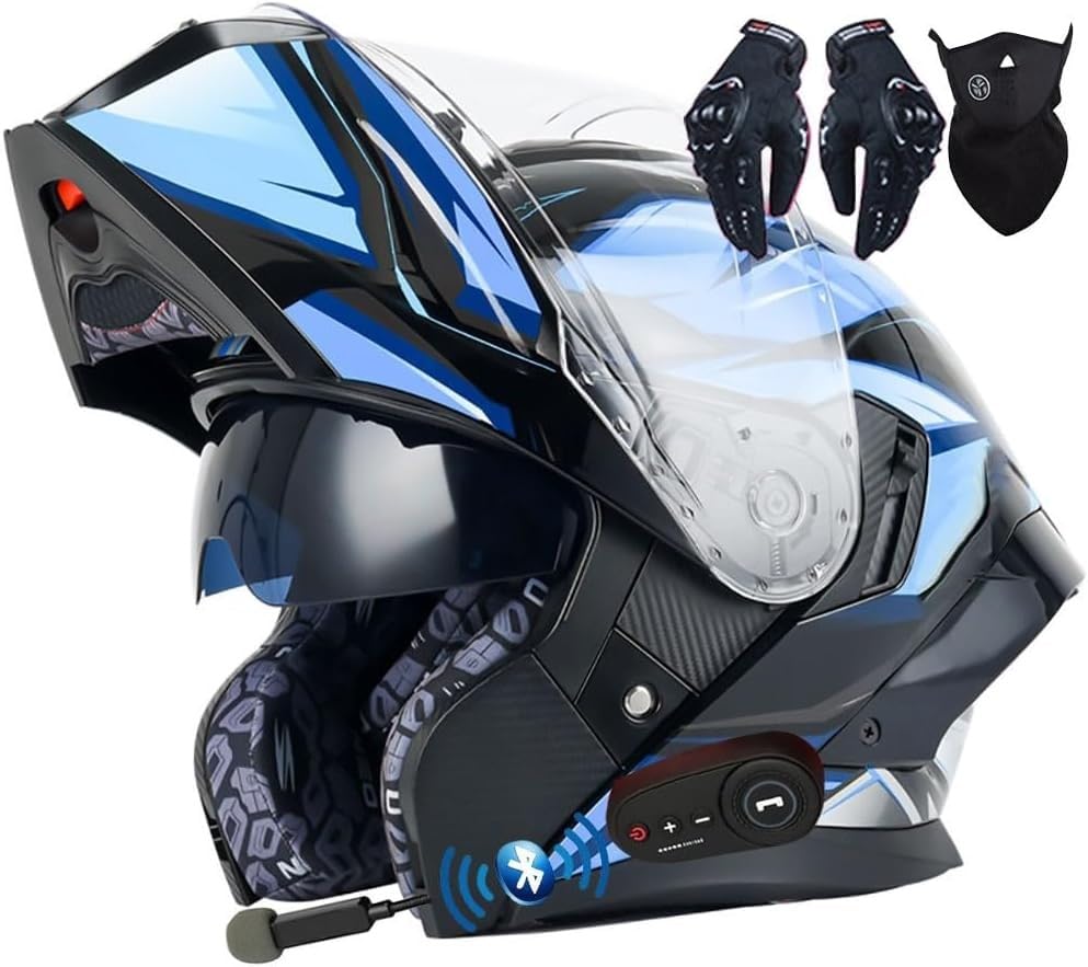 Casco De Moto Modular con Bluetooth, Integral, Abatible, con Doble Visera, Homologado por Dot/ECE, con Altavoz Y Micrófono Duales, para Adultos, Hombres Y Mujeres. D,XL(61~62CM)