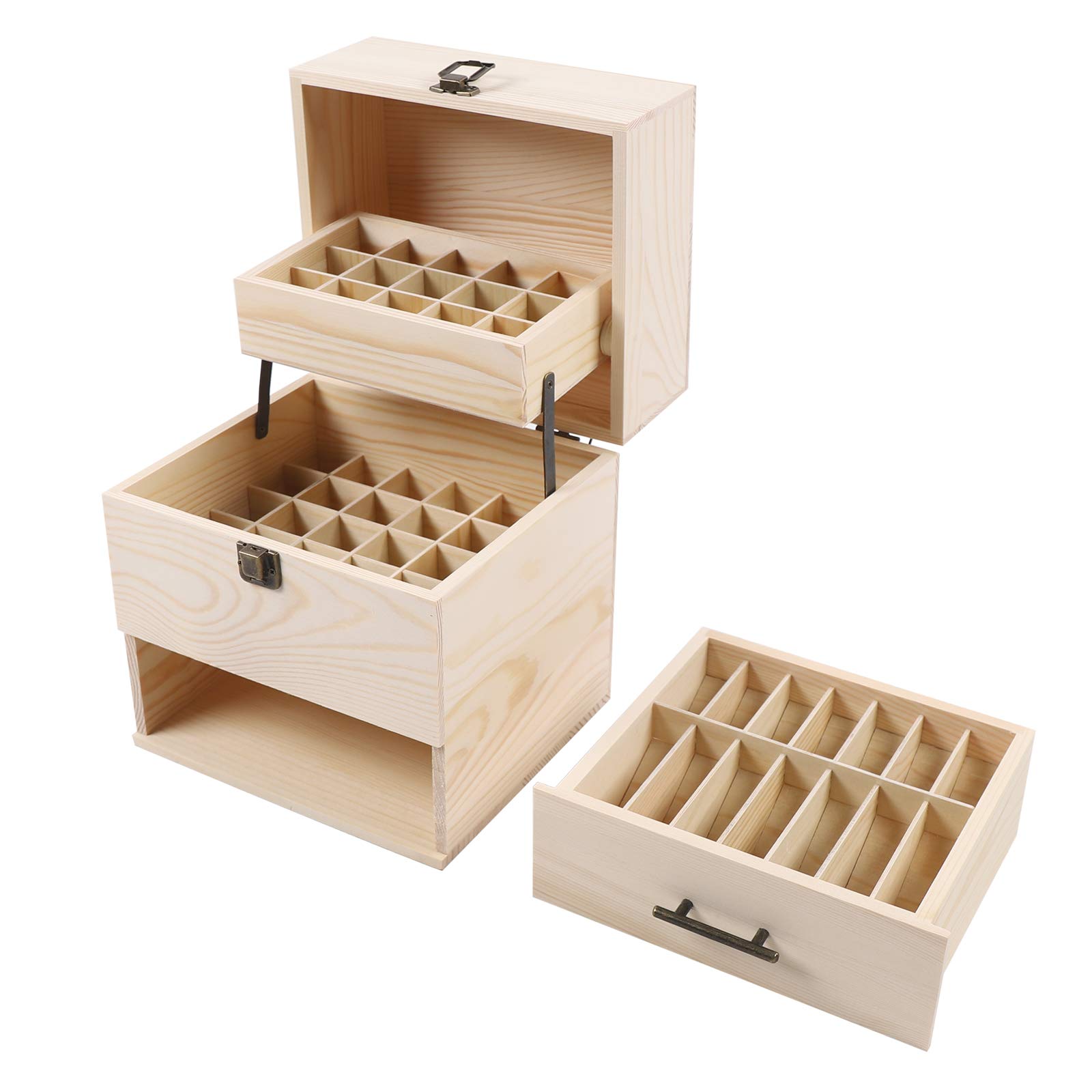 3-stöckige Aufbewahrungsbox Für ätherische Öle - 59 Fächer Für 10ml/15ml Flaschen, Kiefernholz (ca. 21,5x18,3x23,7 Cm)