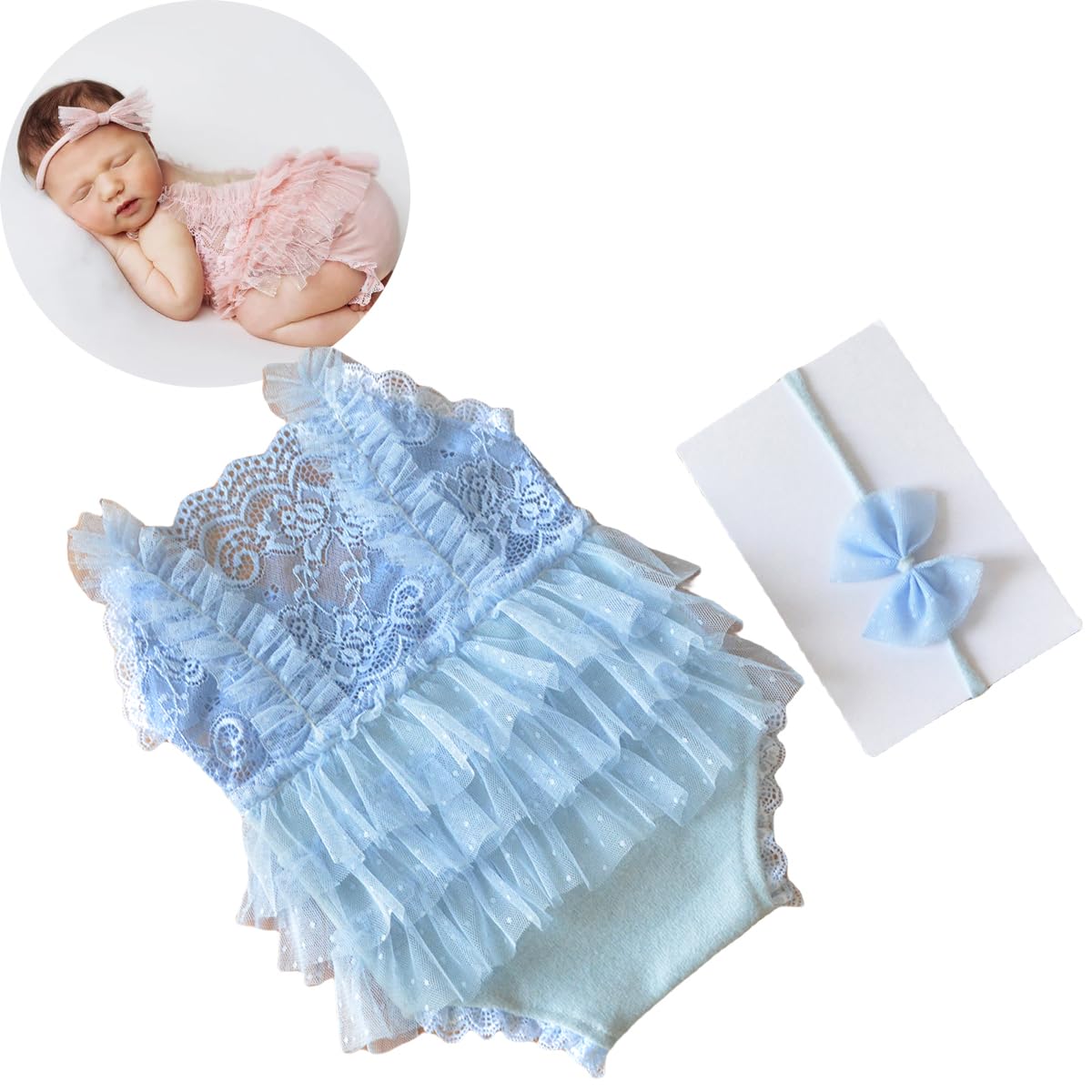 Newborn Baby Girl Photography Props Stretch Romper with Lace Trim & Headband,Newborn Outfit for Photoshot (Blue)
