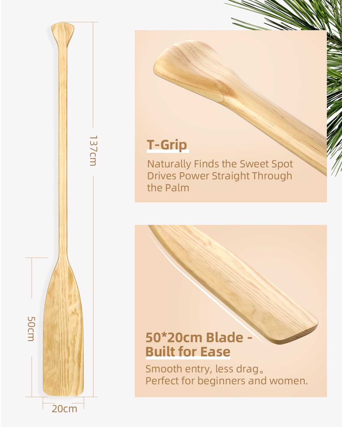 Abahub Pagaia in Legno 137cm – Remo in Pino, Robusto | 910 g, leggera, galleggiante, robusta, per 174-183 cm, , facile manutenzione, ideale per laghi, canoa e famiglia