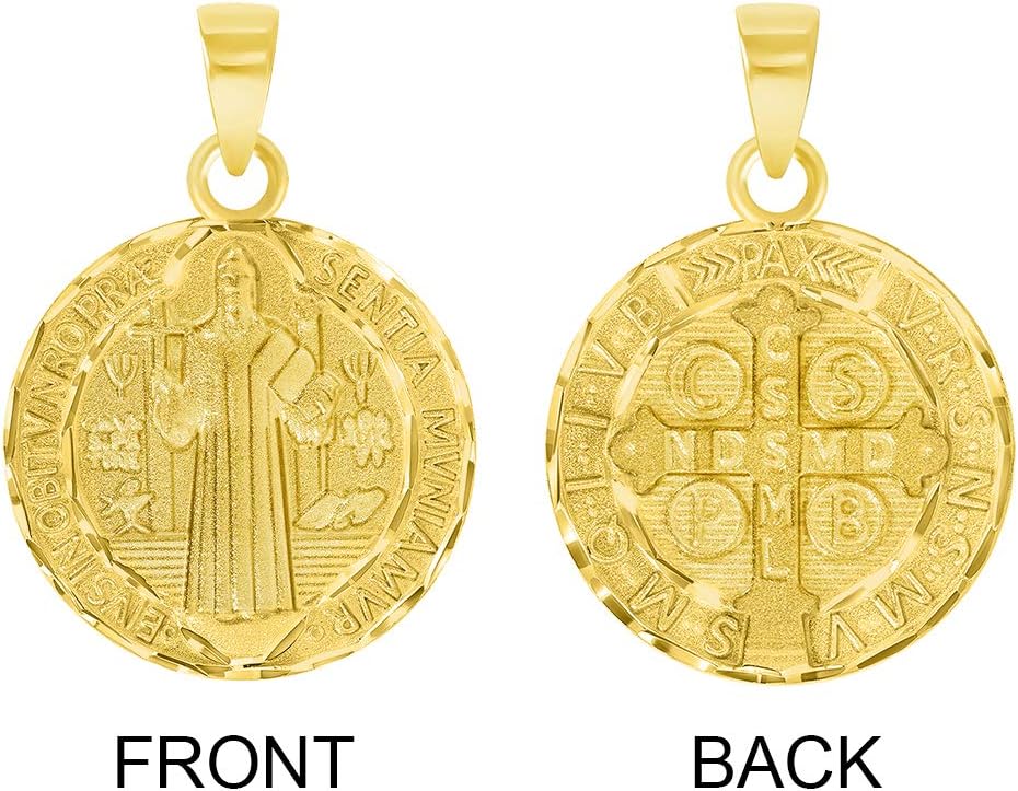 ソリッド14Kイエローゴールド ラウンド型 聖ベネディクトメダリオンチャームペンダント ケーブルチェーンネックレス