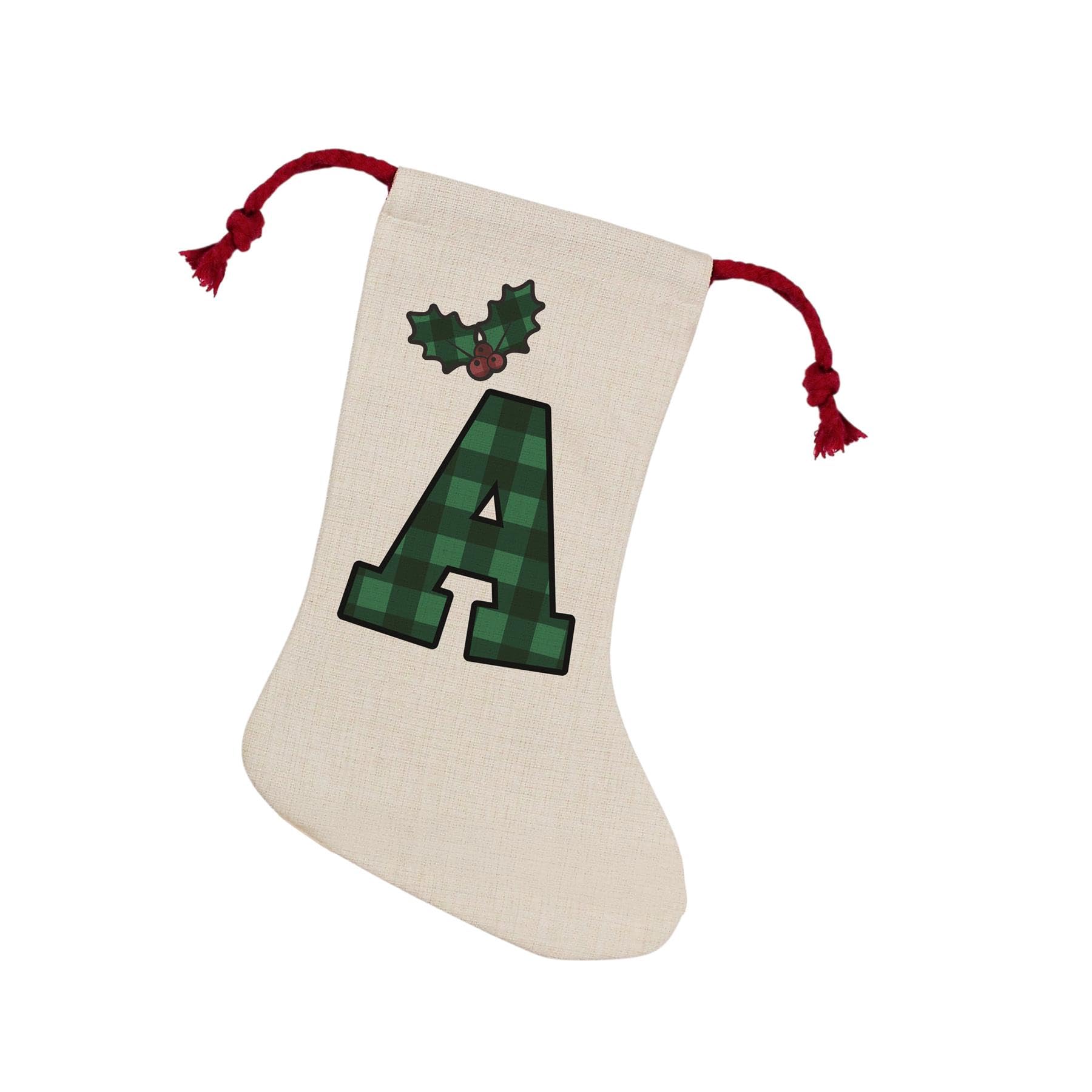 Purely Home Green Tartan Alphabet Letter A Stocking - Novelty Initial Xmas Gift Linen-Style With Red Drawstring Ties