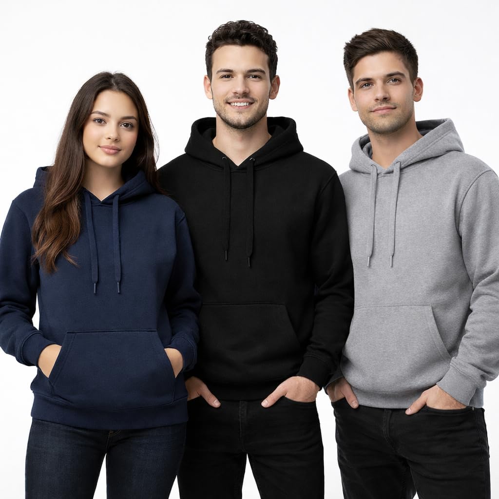 ANWA 3 Pack Plain Fleece Pullover Hoodie, 70% Cotton 30% Polyester, Long Sleeve Casual Compfy Classic Fit