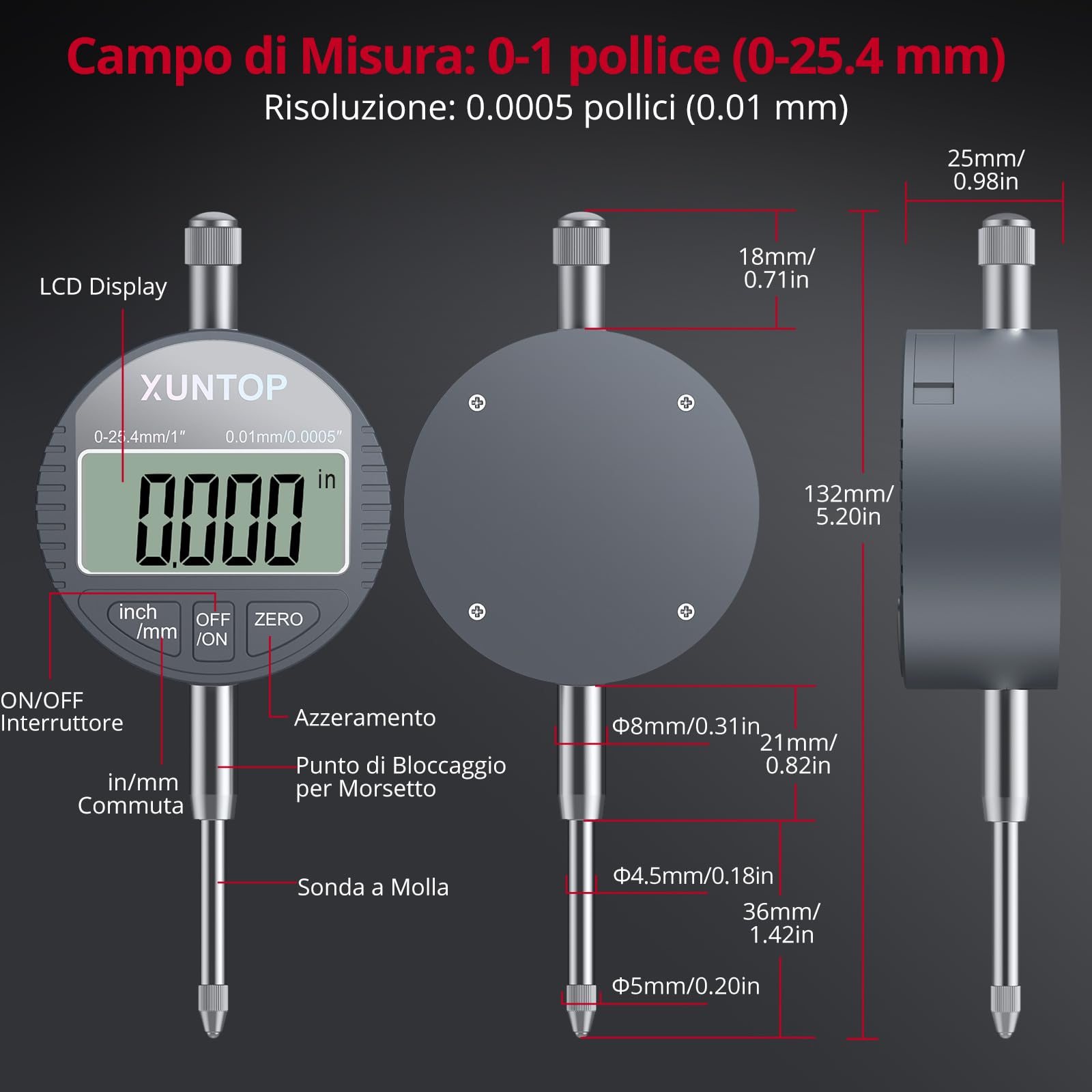 XUNTOP Comparatore Centesimale Digitale 0-25.4mm/1" Supporta Commutazione mm/pollice Indicatore Digitale DTI con Sonda Digitale 25.4mm Misuratore Digital Precisione 0.01mm per Stampanti 3D, Tornio