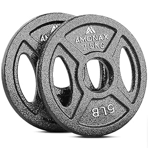 Amonax Cast Iron Weight Plates Set, 2.5kg, 5kg, 10kg Dumbbell Plates for 2 Inch Olympic Weight Plates Bars, Metal Barbell Plates for Weight Lifting Hip Thrust, Steel Weight Plates for Home Gym