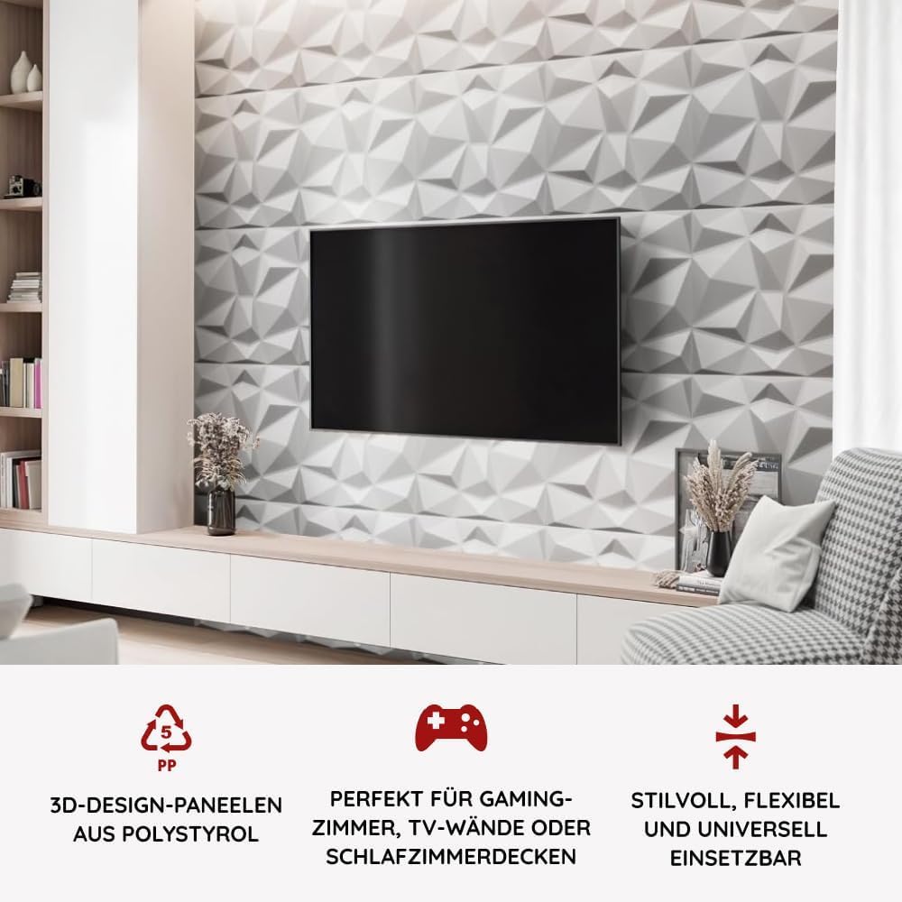 Eurodeco 3D Wandpaneele - 3D Wandverkleidung aus Polystyrol XPS Styropor - Dekoren Deckenpaneele - Wanddeko Platten - 50 x 50 cm, 3 mm Stärke, Diamant Weiß, 8 Stück (2m²)