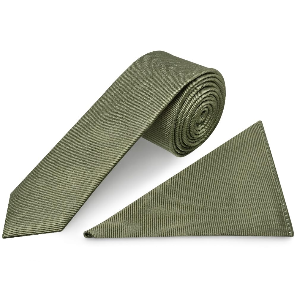 TIES R US Olive Silk Twill Skinny Men's Tie and Pocket Square Set