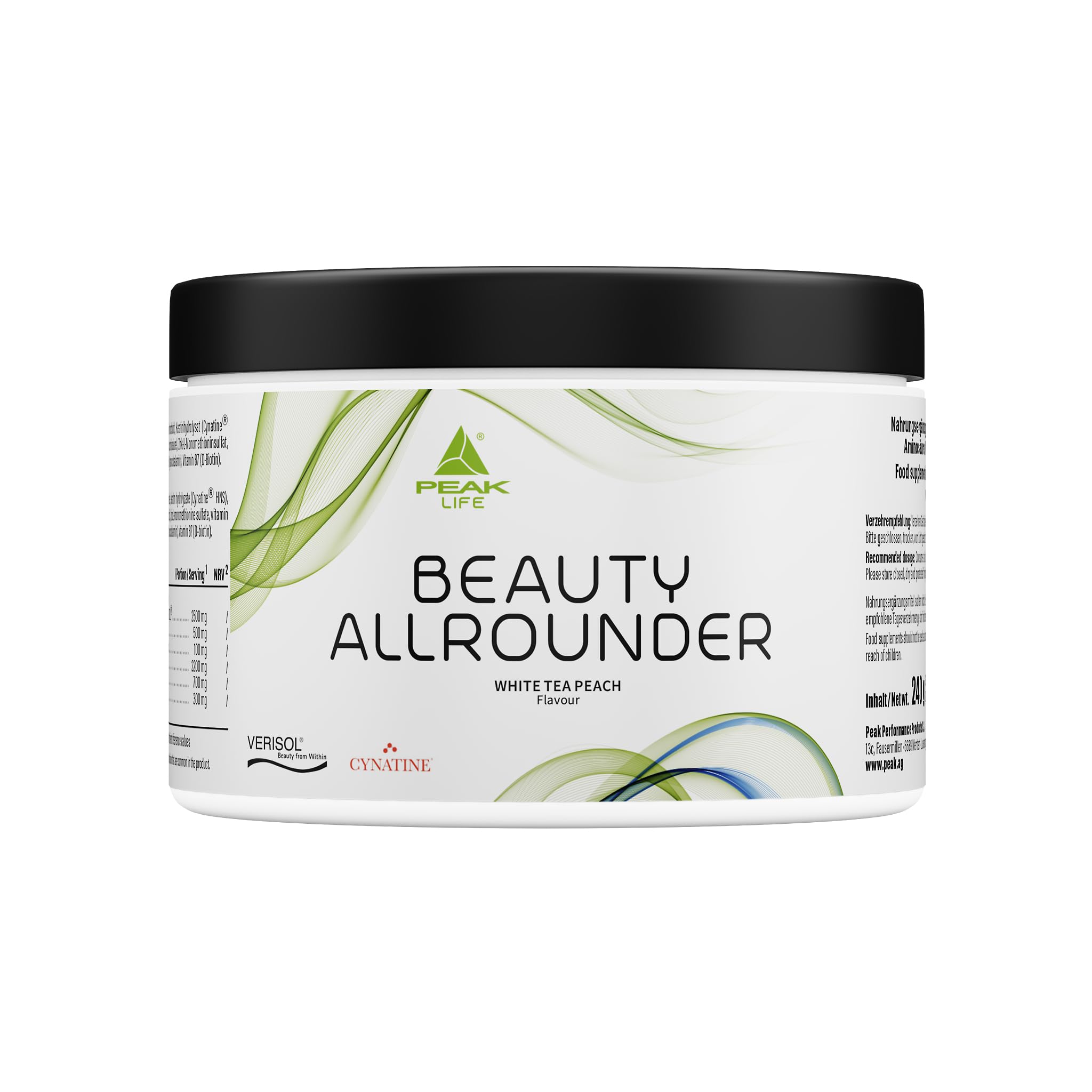 PEAK Beauty Allrounder - 240g Geschmack White Tea Peach I 30 Portionen I Haut Haare Nägel Komplex mit Kollagen (VERISOL®), Keratin (Cynatine® HNS), Hyaluronsäure und Biotin. Mit Vitaminen.