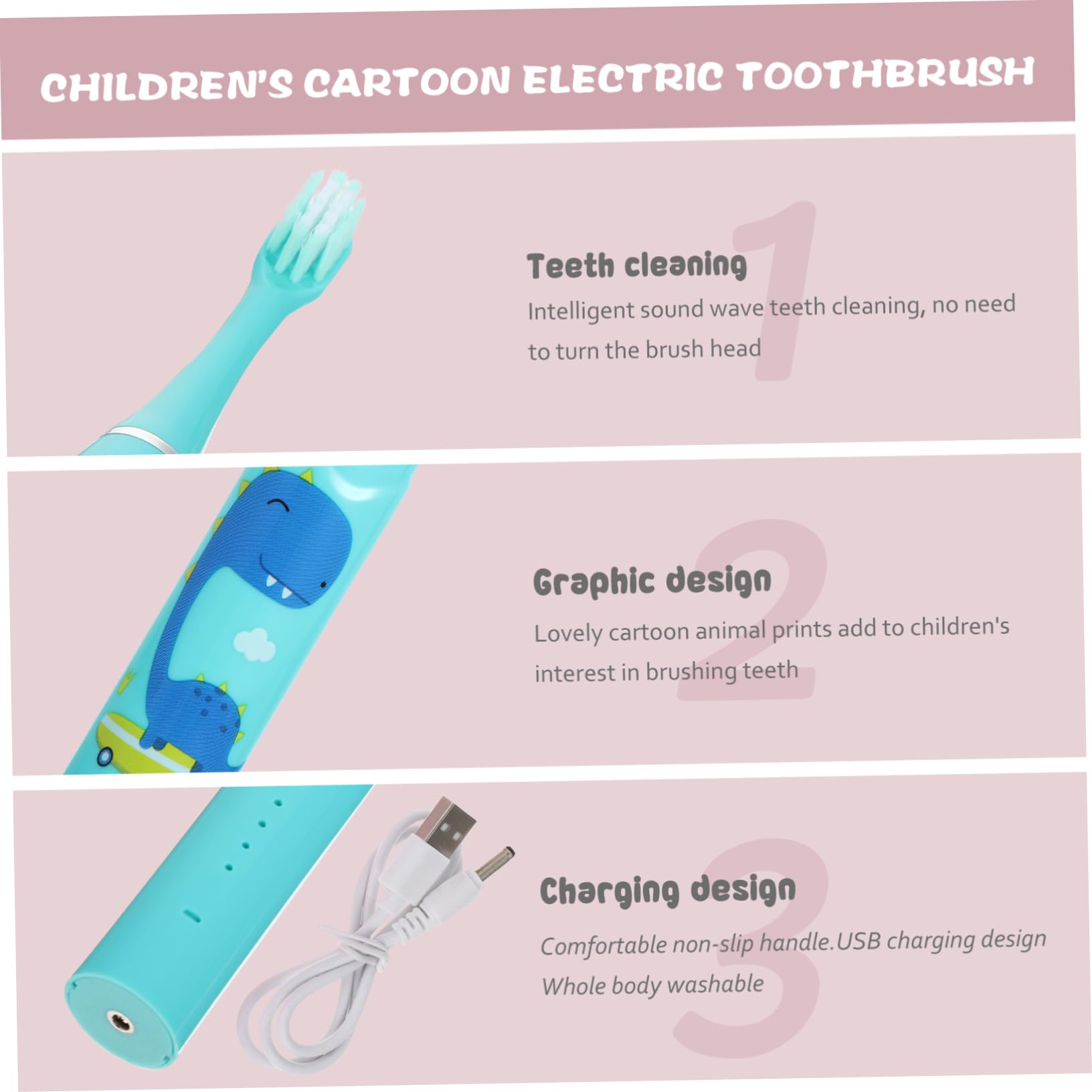 FRCOLOR 3juegos Cepillo De Dientes Eléctrico Para Niño Niña Diseño De Dibujos Animados Portátil y Recargable Cepillo Infantil Para Limpieza Eficaz y Divertida Dientes