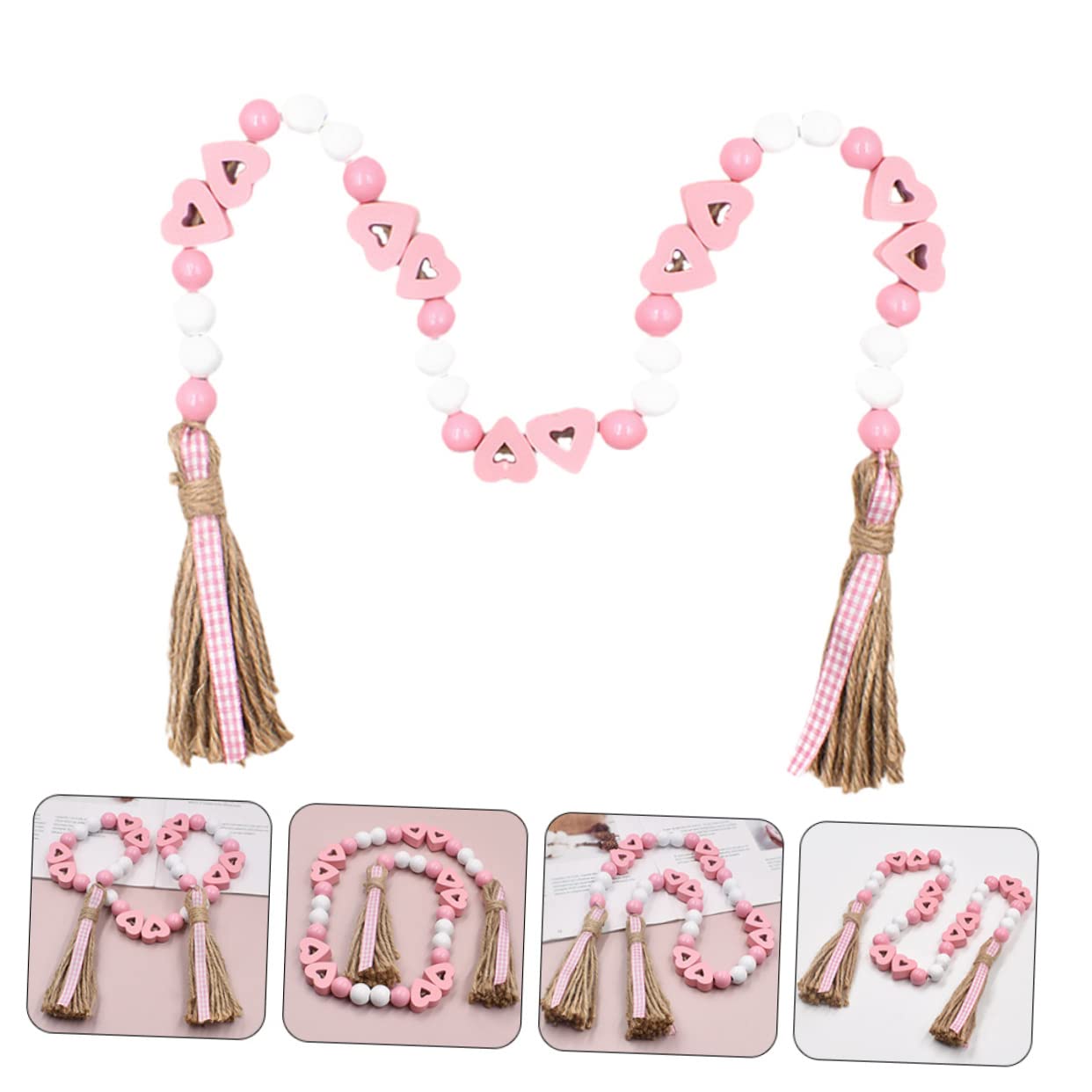 Zerodeko 5piezas Guirnalda De Cuentas De Madera con Borlas De Yute para Decoración De San Valentín Adornos Colgantes para Interiores y Exteriores para Paredes Ventanas y Jardines