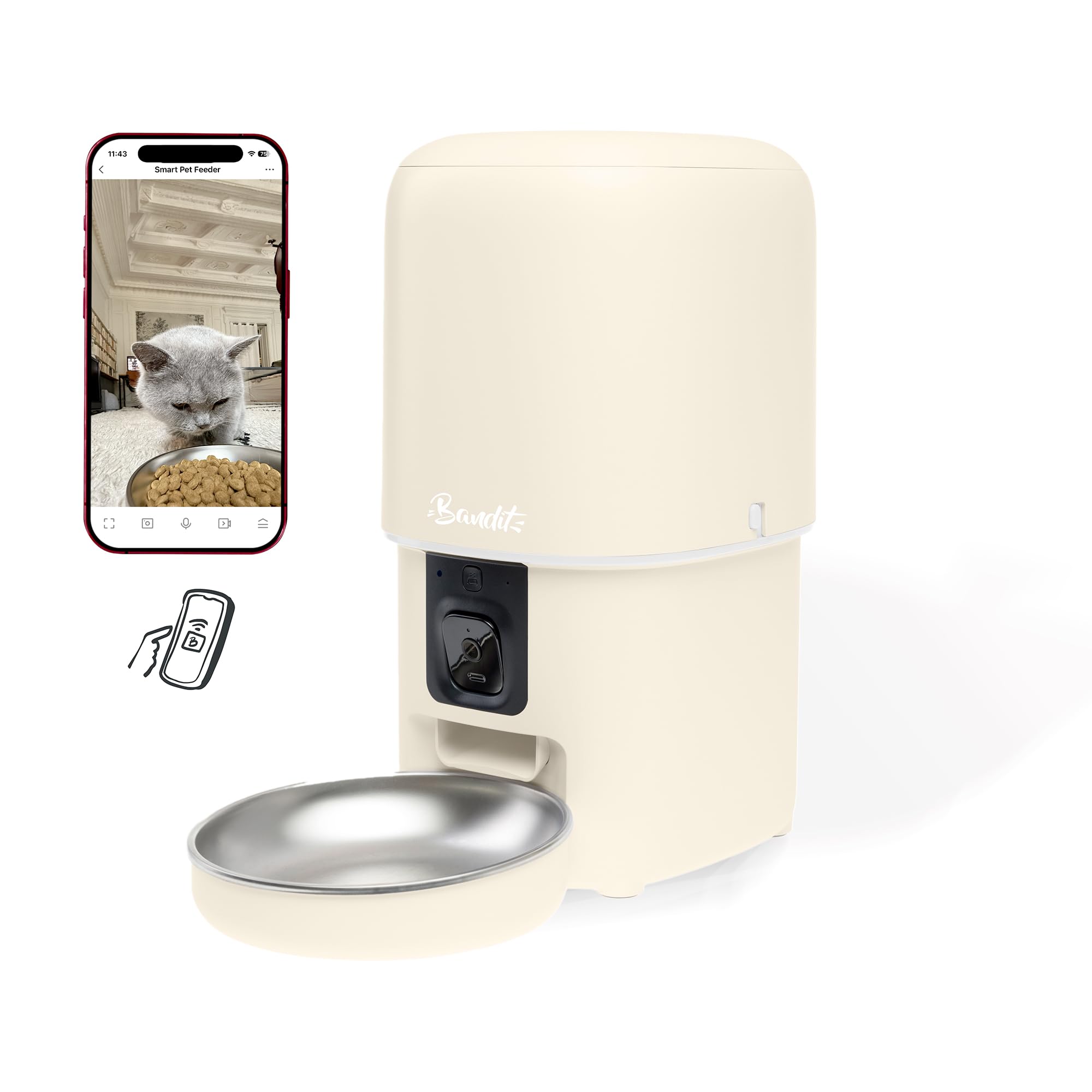 Banddit – Dispensador de croquetas inteligente de pesca – Seguimiento dietético para gatos y perros pequeños – Programación hasta 15 comidas – Cámara HD & Micro – Depósito hermético 4L
