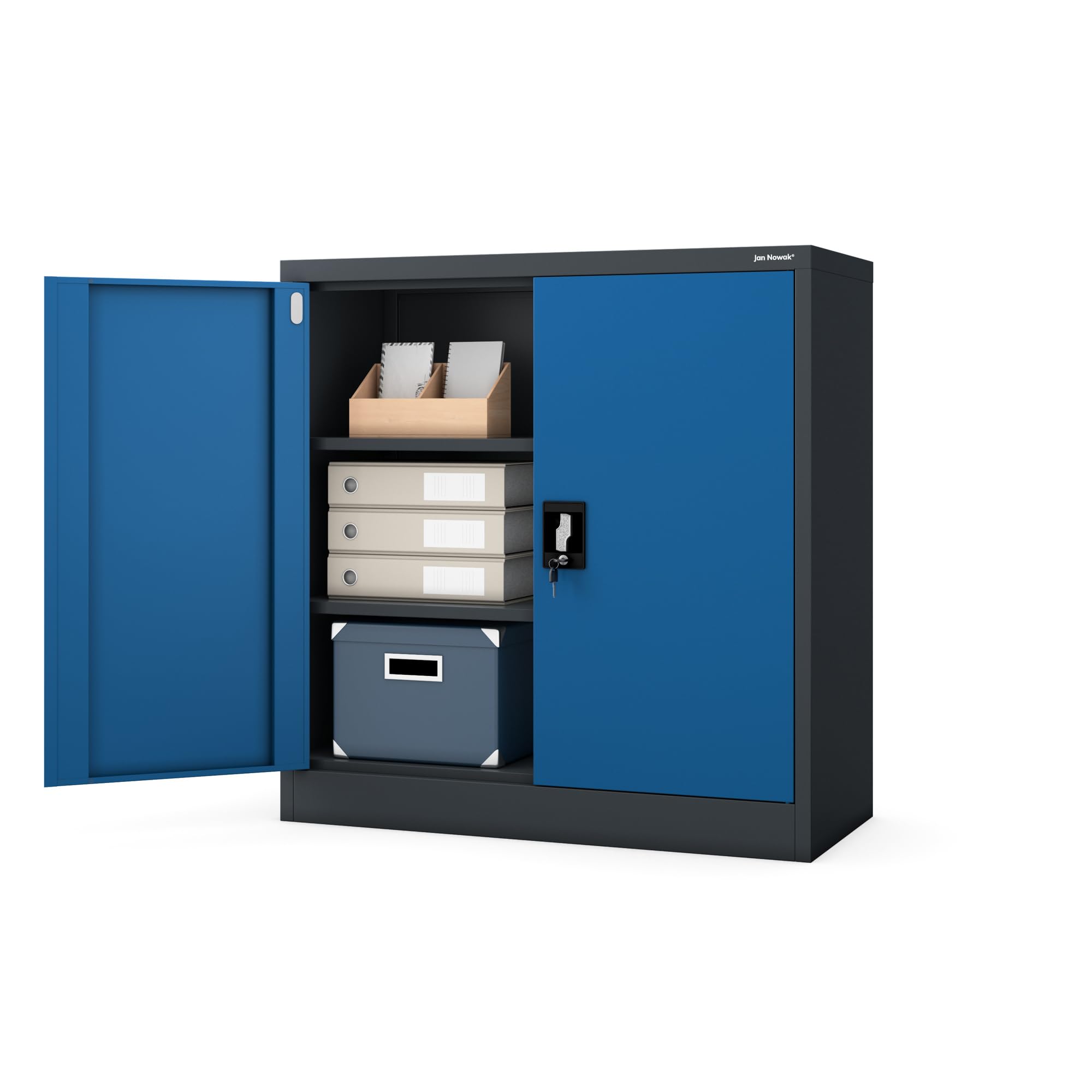 Jan Nowak Kleiner Aktenschrank C001B Büroschrank Metallschrank Lagerschrank 2 Verstellbare Fachböden Pulverbeschichtet Abschließbar 92,5 cm x 90 cm x 40 cm (Anthrazit-Blau)