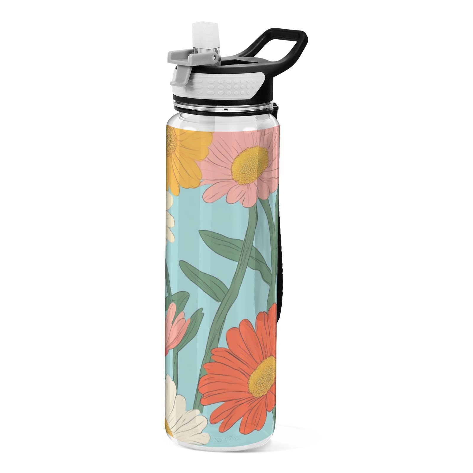 Bouteille d'eau de 946 ml Tritan sans BPA lavable avec sangle transport et motif fleur