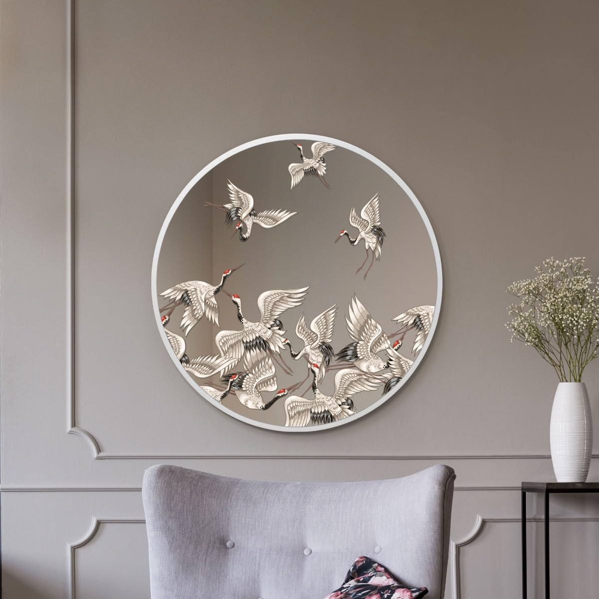 Mirroroutlet White The Typis - Metal Frame Edged Modern Round Circular Edge Wall Mirror With Colour Stork Printed Decal 31"X31" (80Cm X 80Cm) Silver Mirror Glass With Frame