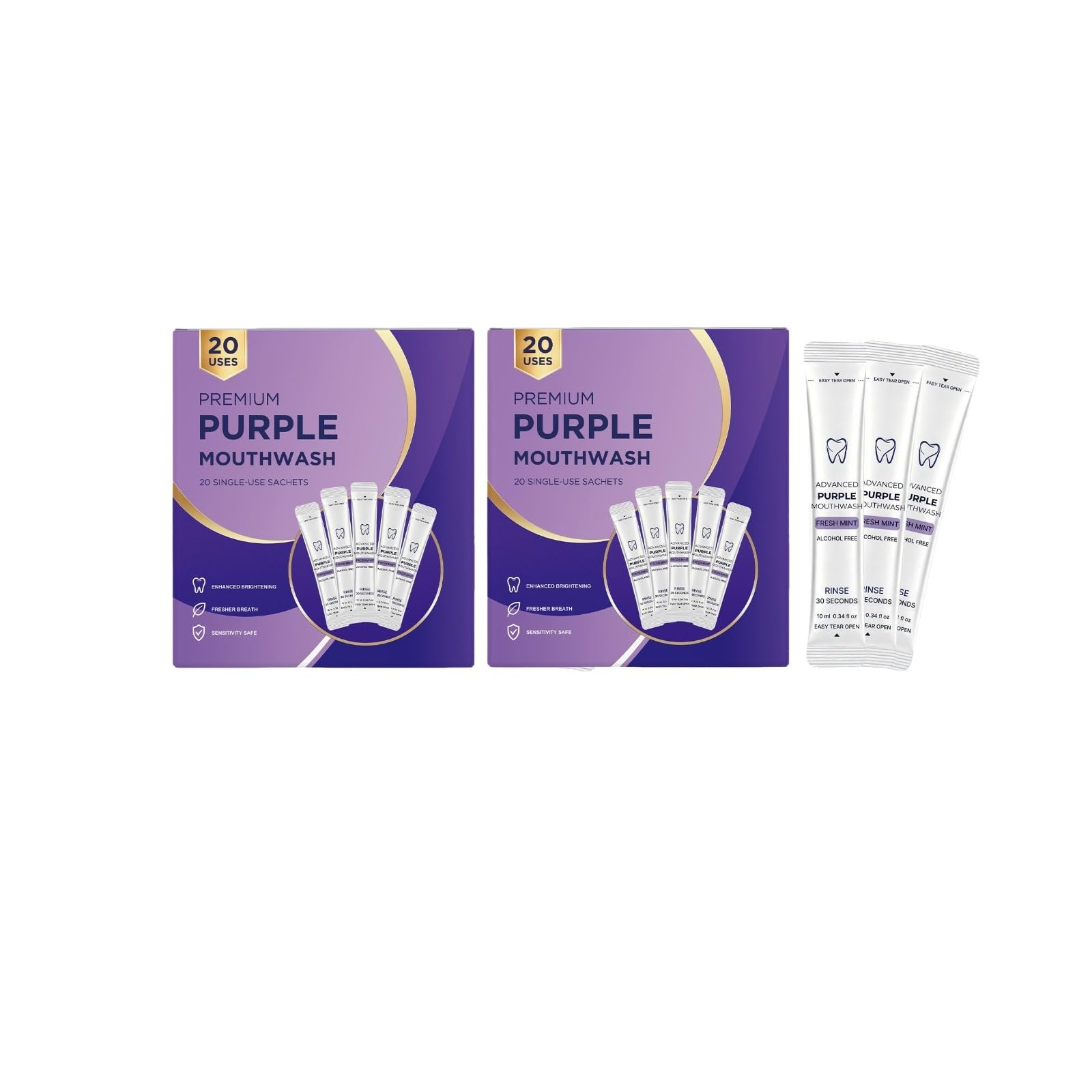 Pojedyncze zastosowanie Purple Mouthwash Sachets, fioletowe pranie, świeże oddech | Alkohol Free Mint Travel Mouth Wash do rozjaśniania zębów, przenośny płukanie ust do codziennego użytku