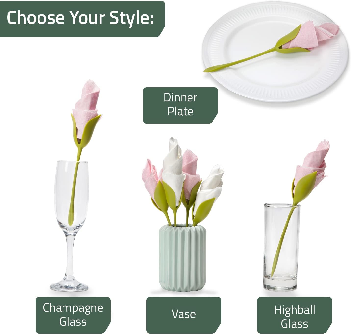 Peleg Design Bloom Napkin Holders for Tables, Set of 4 Green Stemmed Plastic Twist Flower Buds Serviette Holders Plus White Napkins for Making Original Table Arrangements
