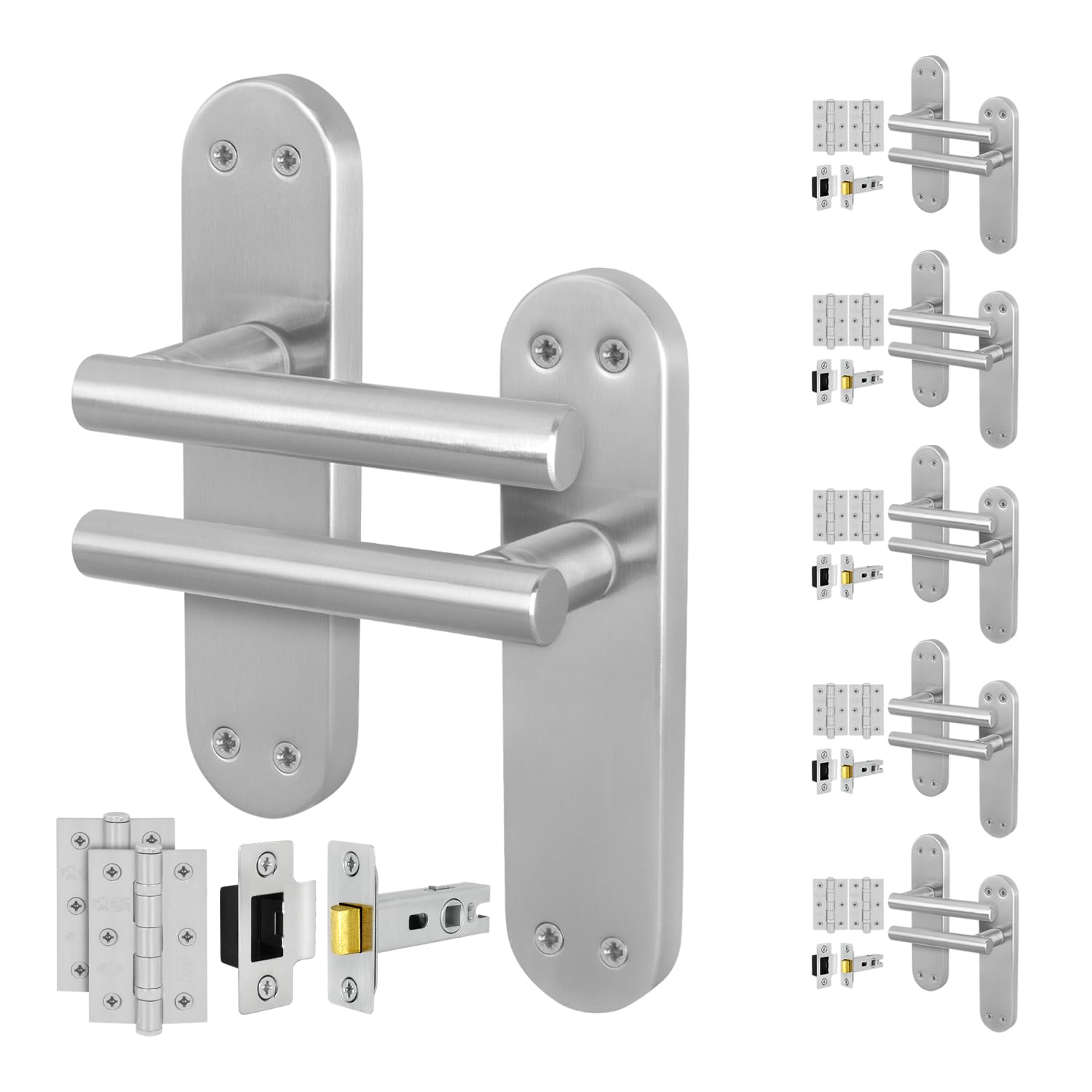 Eai Satin Nickel Satin Door Handle Latch Set, 6 Pair Internal T-Bar Handles, Hinges (76Mm) Latches (64Mm) - Oliena