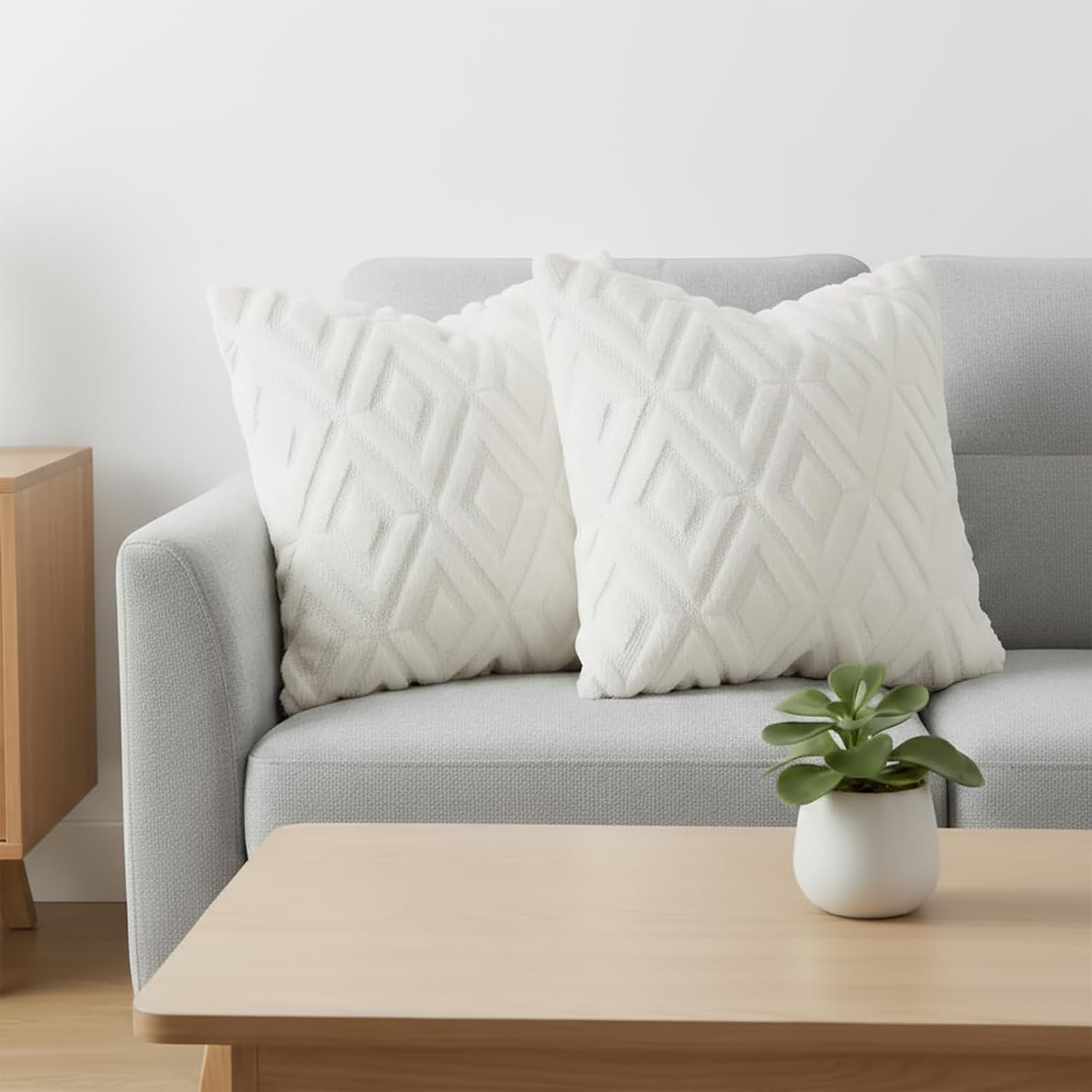 Pallene Spring Cream White Throw Pillow Covers 20x20 Set of 2, Soft Plush Faux Fur Decorative Couch Pillow Covers for Sofa Bed Living Room Pillow Cases with 3D Diamond Pattern - Image 4