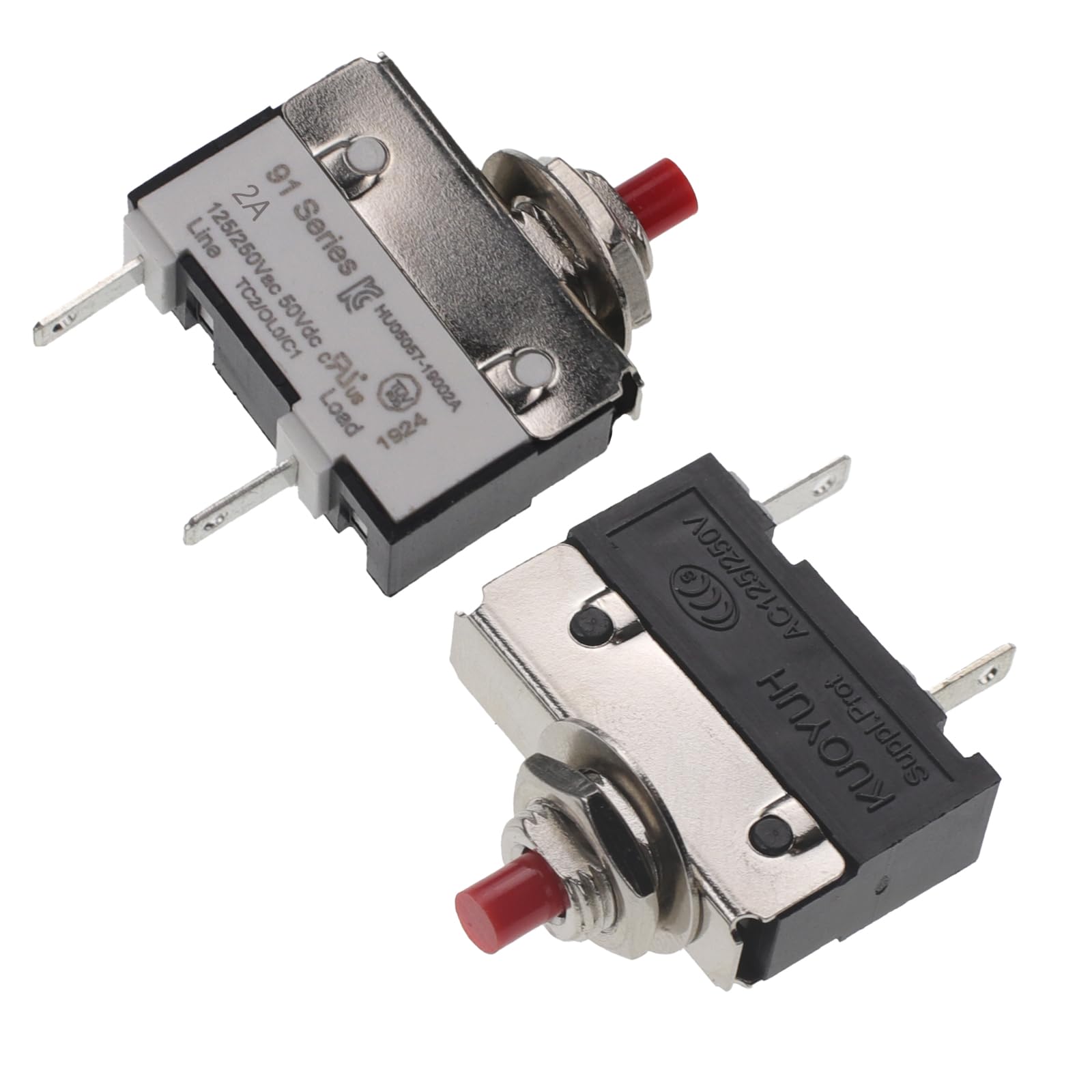 RKURCK 125/250V AC 50V DC Push Button Thermal Circuit Breaker 2 Amps, Overload Protection Quick Connect Terminals Manual Reset Switch for Motor Blender Upright Vacuum Cleaner Coffee Grinder 2A