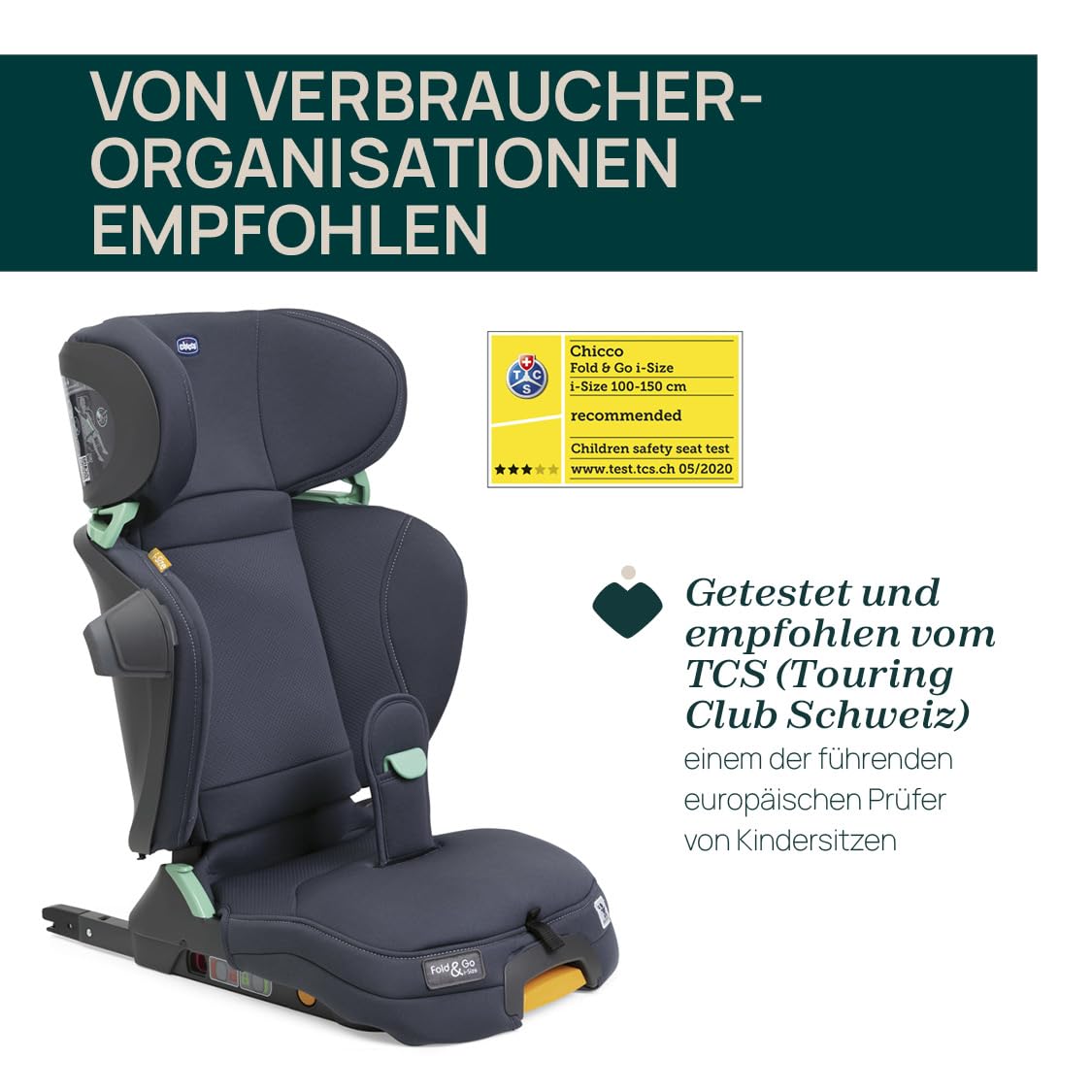 Chicco Fold&Go I-Size Kindersitz 15-36 kg mit ISOFIX Konnektoren, Gruppe 2/3 für Kinder von 3-12 Jahren, faltbar und klappbar, Seitenschutz, Höhe und Breite verstellbar, India Ink