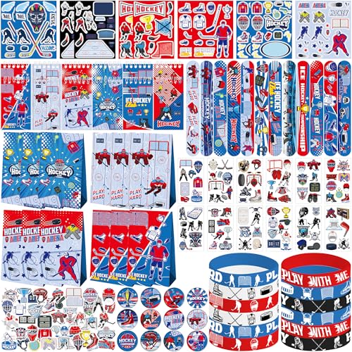 LSJDEER 134 PCs Hockey Party -Gefälligkeiten Set, 41 Aufkleber, 12 Goodie -Taschen, 12 Button -Abzeichen, 12 Slap -Armbänder, 12 Tattoo -Aufkleber, 12 Armbänder für Eishockey -Sportparty