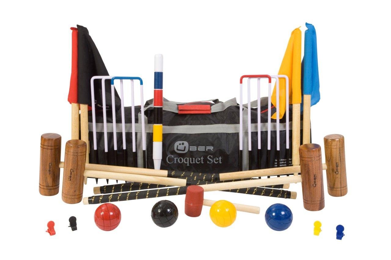Übergames Hochwertiges Komplettes Garten Krocket Set mit 4 Schlägern aus ECO Holz für Kinder und Erwachsene (2 Längen)