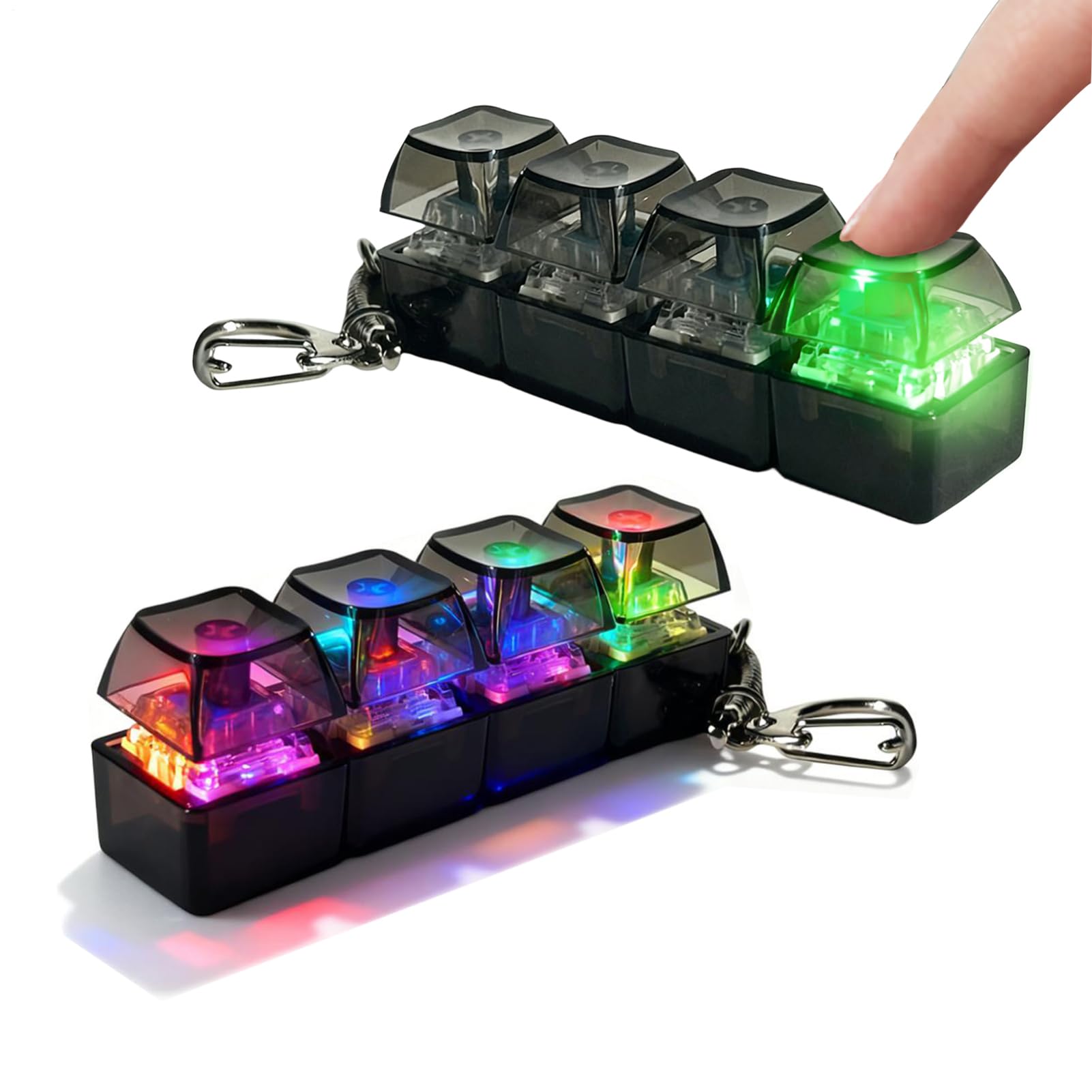 2Pcs Keyboard Fidget Toy Light Up, 4 Button Clicky Keychain Stress Relief Toy, Portable LED Light Up Fidgets Keyring for Adults Kids, Sensory Calming Toys for Office School Travel