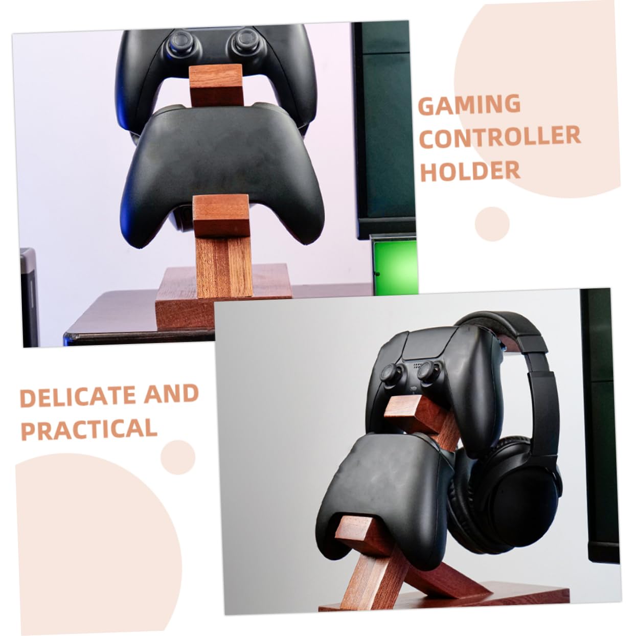 Veemoon Soporte para Mandos de Juegos y Auriculares de Madera Marrón, Organizador Portátil Diseño Simple para Área de Entretenimiento Gaming