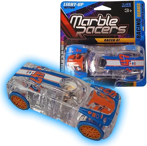 Marble Racers - Coche de carreras con luz a escala 143 con motor de retroceso rápido - ruedas naranjas