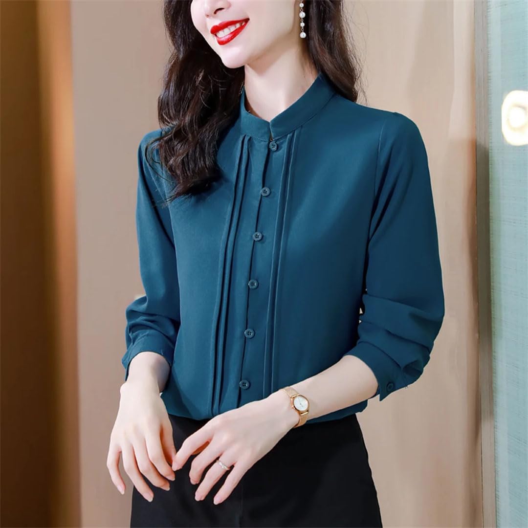 Camicette da donna in seta tinta unita a maniche lunghe con colletto alla coreana camicette da ufficio eleganti top