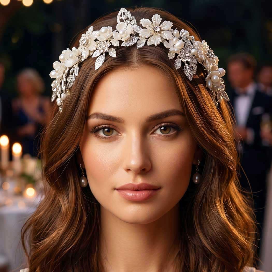 Kilshye Diadema de flores para novia, diadema de hojas para novia, diadema de perlas para mujeres y niñas (plata)
