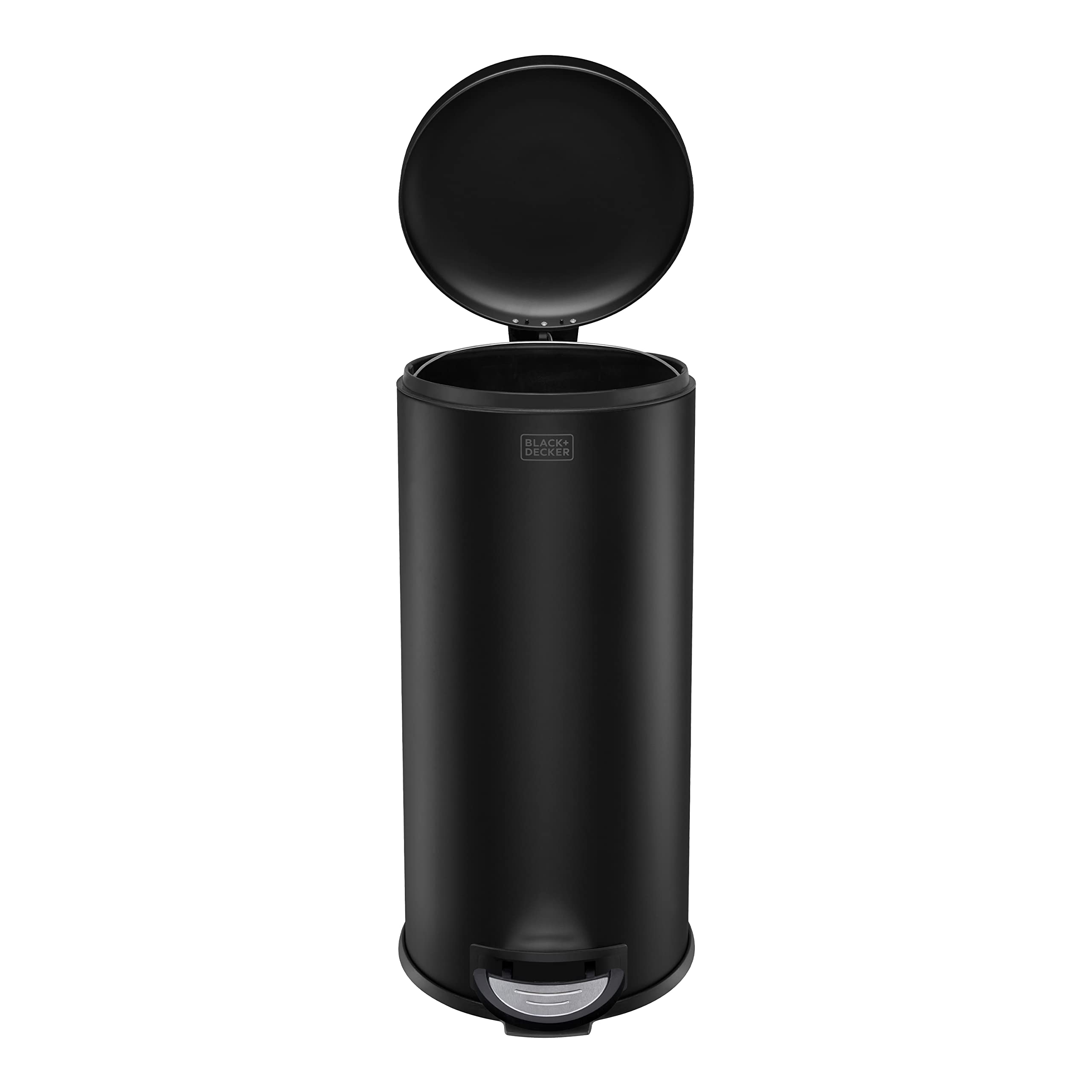 BLACK+DECKER Tretmülleimer 30L Matt Schwarz Slimline | Gewölbter Deckel | Sanft Schließender | Herausnehmbarer Inneneimer mit Tragegriff | Fingerabdruckfrei | Fußpedal