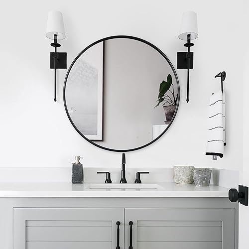 Miniatura 7 de Espejo de pared circular negro de 24 pulgadas espejo de pared redondo colgante moderno decorativo para entradas baños salas de estar dormitorio