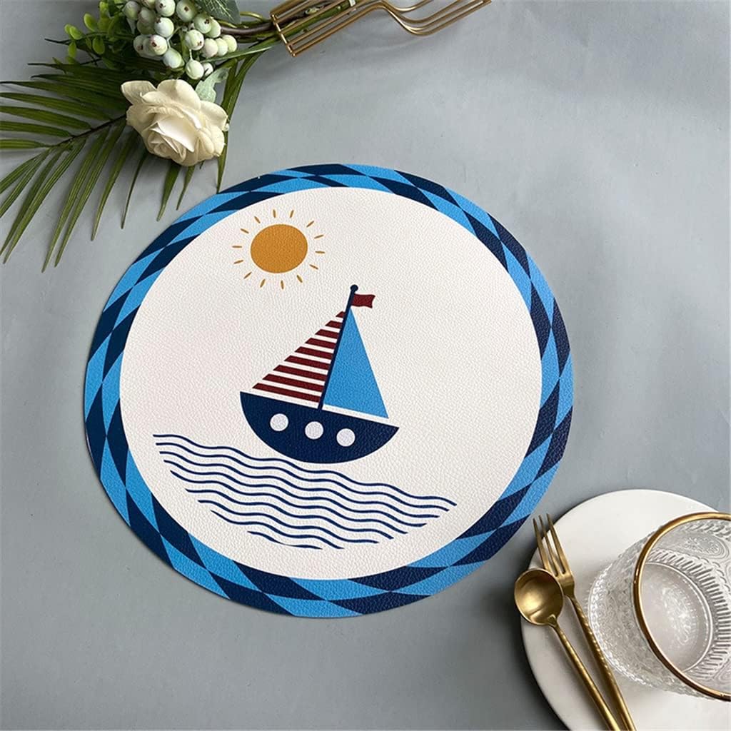 Printed Placemat Leather Round Retro Table Mat Hotel Home Decoration Heat Insulation Pad Coaster 10 Pcs Place Mats(Black)