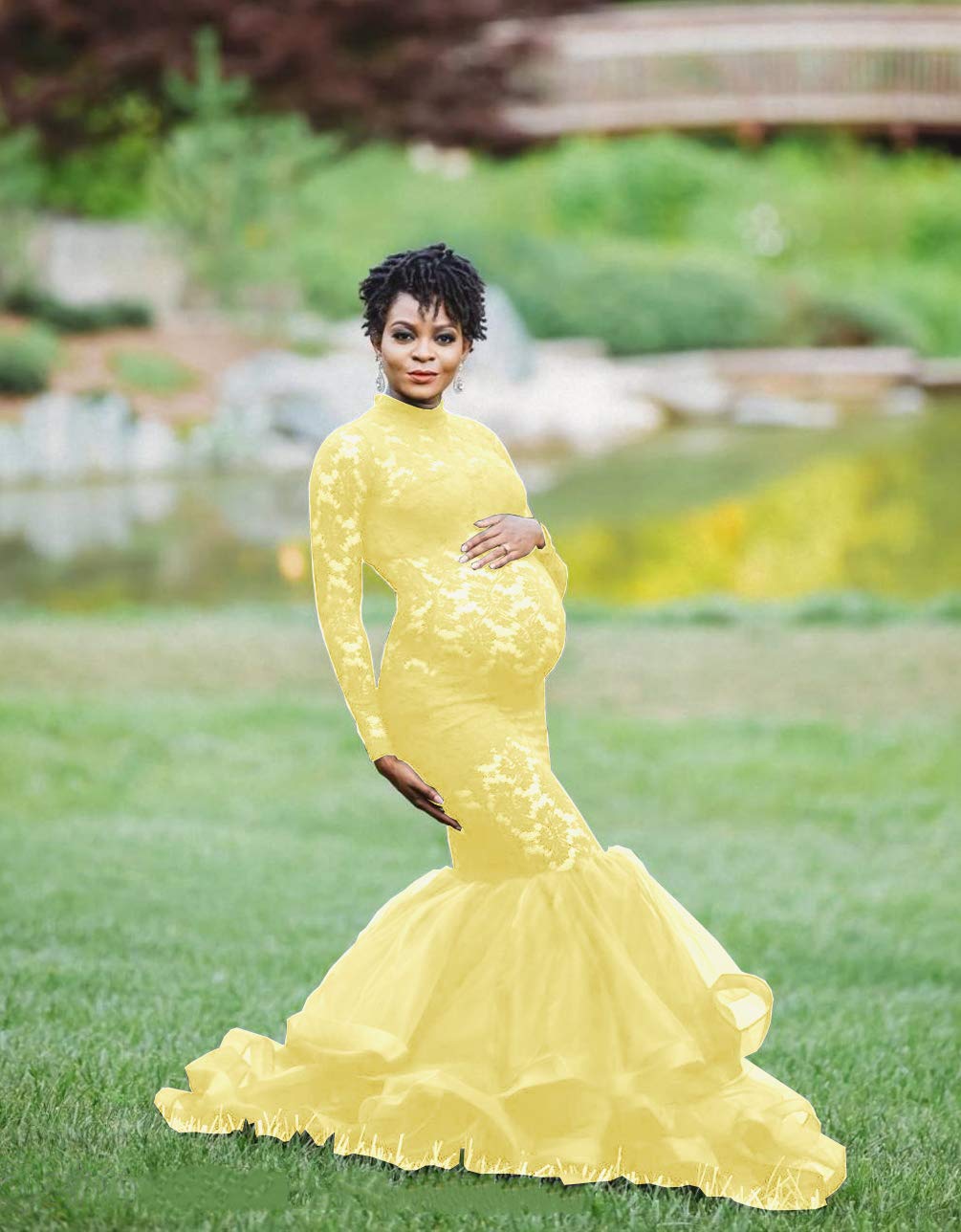 CFWSHJ Abito Premaman Elegante in Pizzo Trasparente per Servizio Fotografico Abito Maxi tutù in Tulle a Maniche Lunghe per Foto