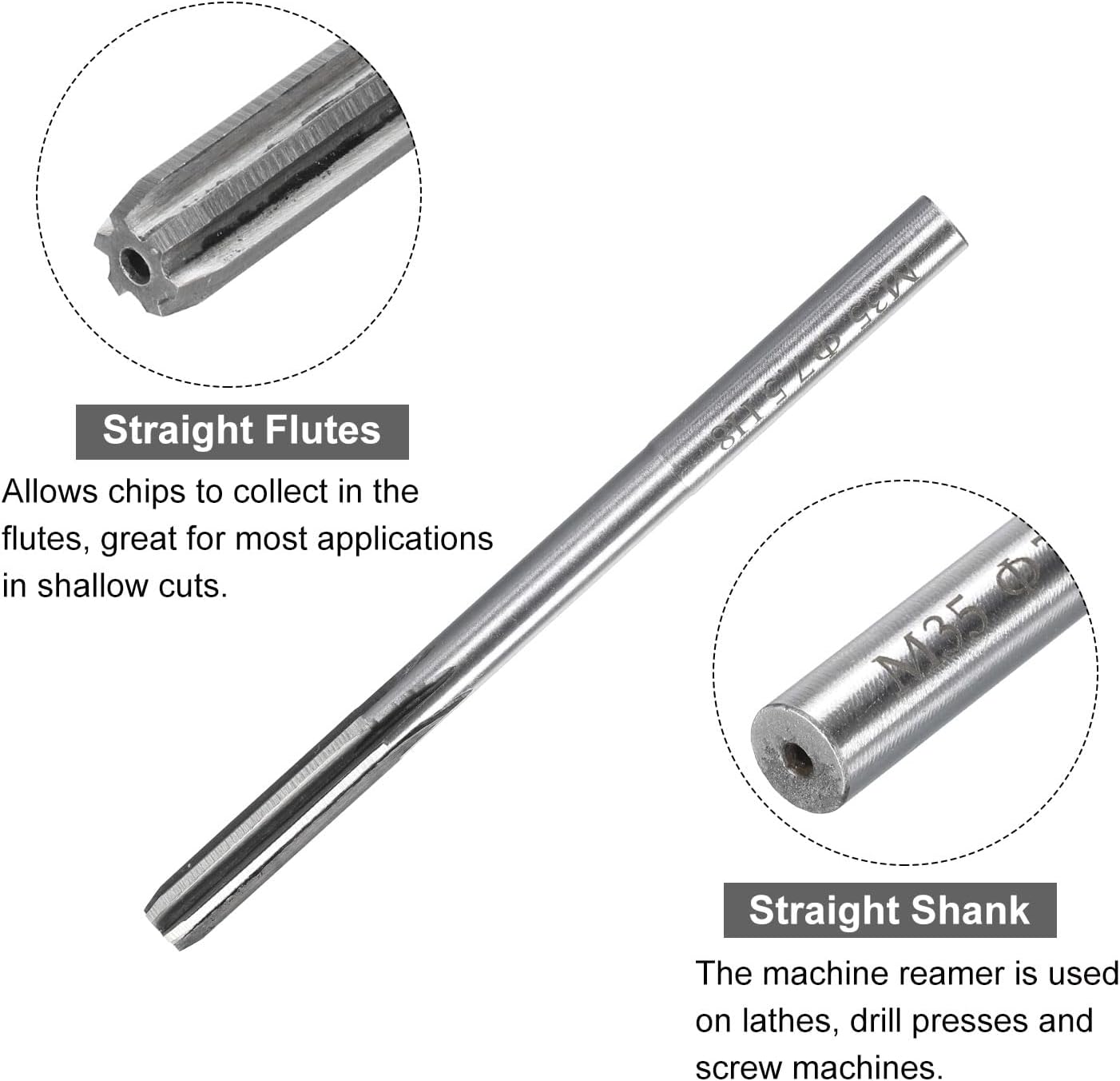 Chucking Reamers, 7.5mm H8 Metric Machine Reamer Drill Bit for Metal Wood Hole Reaming, Straight Flute M35 High Speed Steel Tool