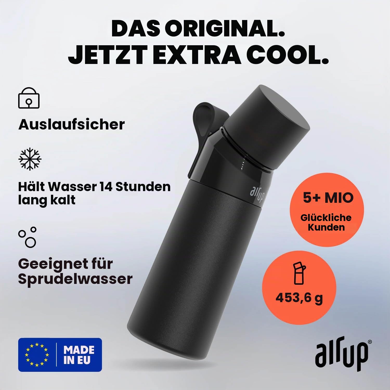 Air up® Wasserflasche (473ml) Black Steel + 3 Cola-Kapseln | Zuckerfreie Geschmackskapseln & Wasserflaschen mit Strohhalm | Aromatisierte Wasserflasche