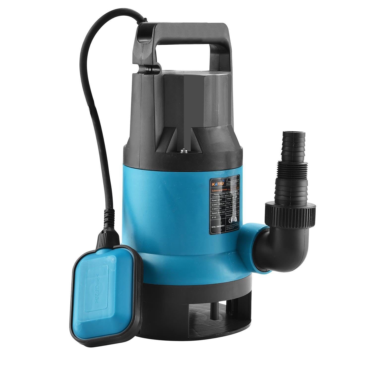 KATSU 400W Portable Submersible Pump for Clean and Dirty Water for Garden Pond, Pools, and Ditches + Float Switch