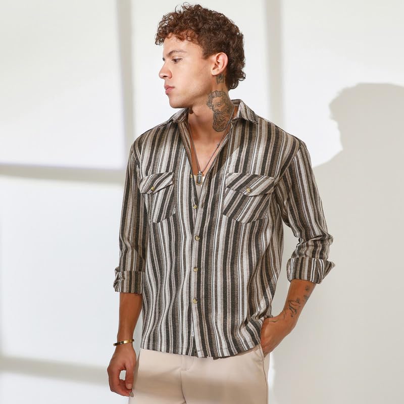 Image of CAHOOT Men's Multitrack Striped Oversized Shirt for Casual Wear | Spread Collar | Long Sleeve | Button Closure | Oversized Shirt Crafted with Comfort Fit for Everyday Wear